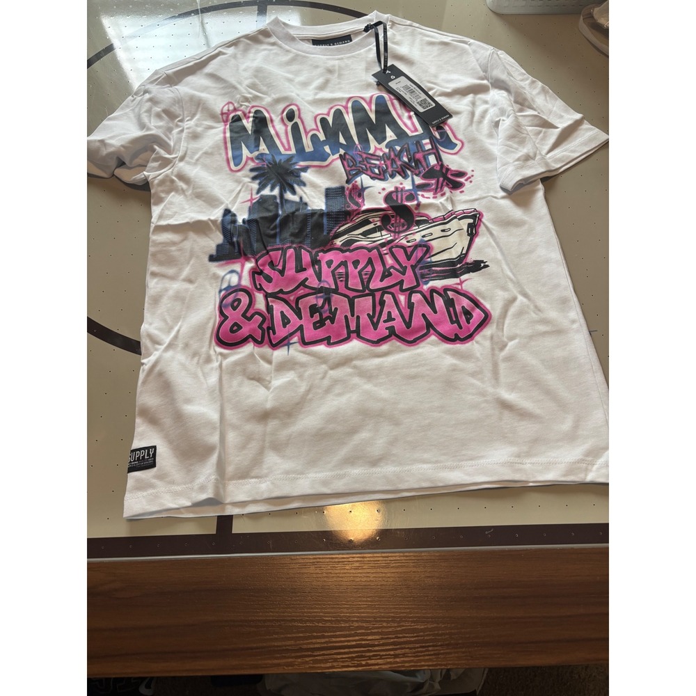 Supply & Demand Miami Beach White Graphic Tee Shirt Small SUM17363 NEW